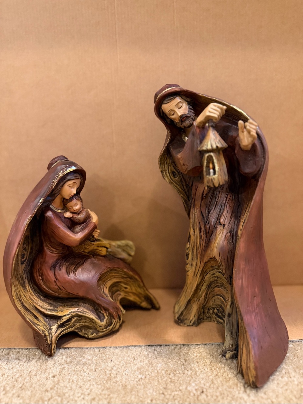 Roman Inc Faux-Wood Mary, Joseph, Baby Jesus Nativity Figurines 2-Piece Set